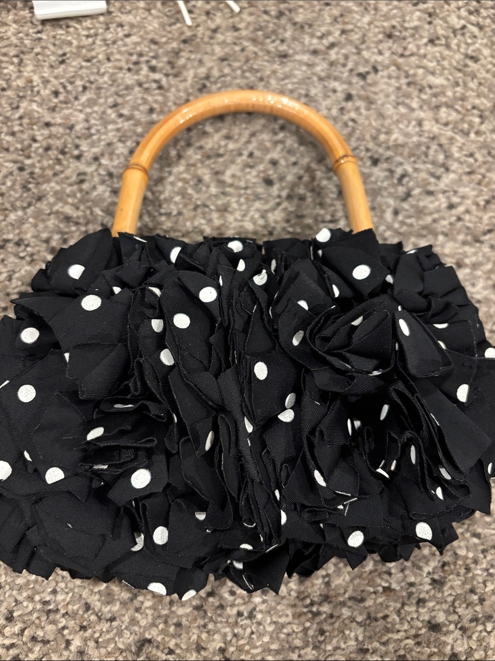 Black Polka Dot Ruffle Handbag with Bamboo Handles